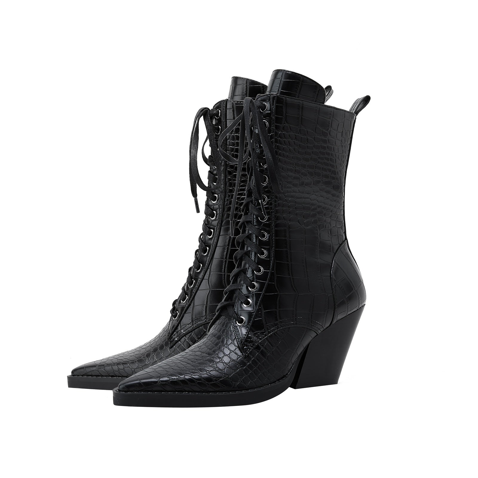 Lace Up Snakeskin Pointed Toe Ankle Boots