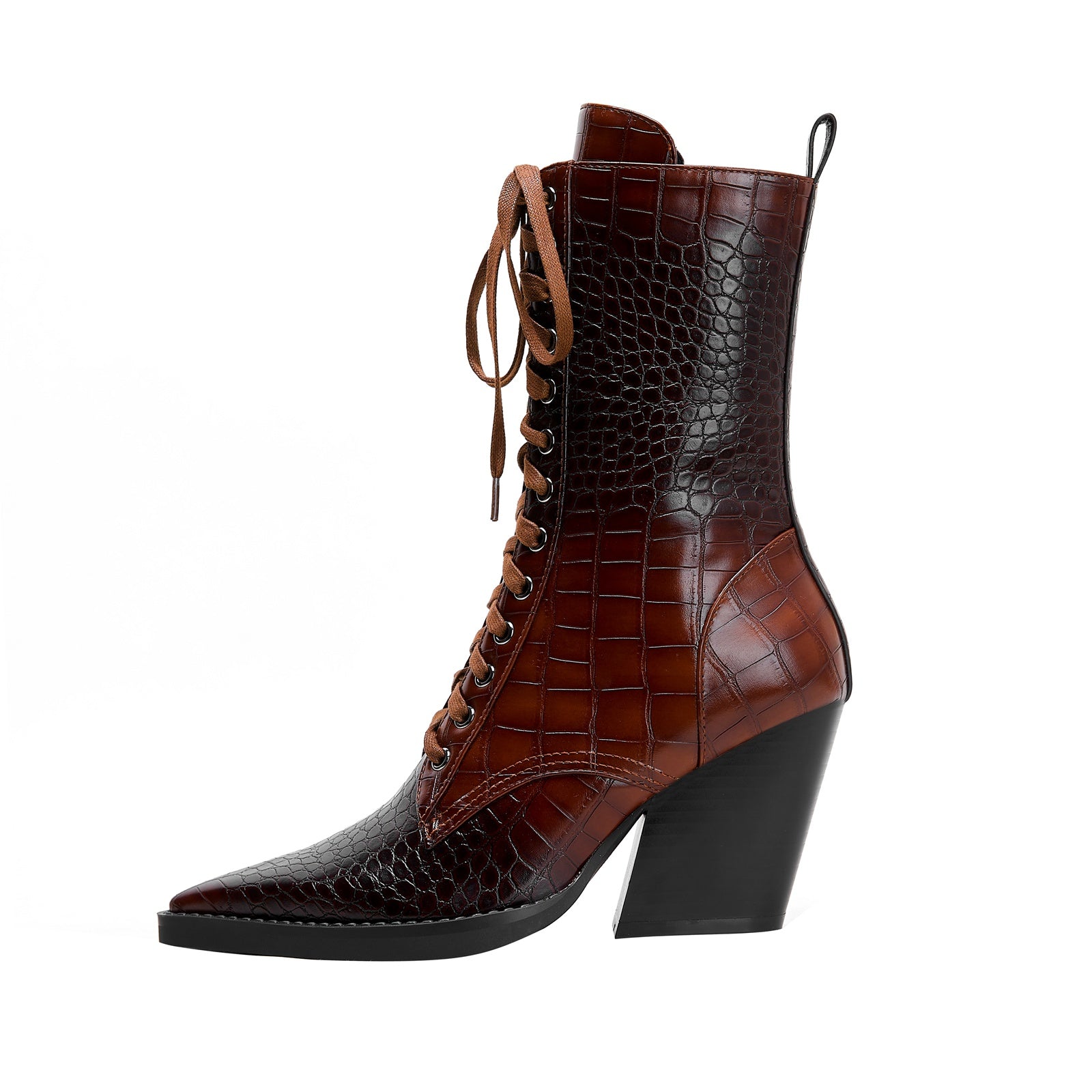 Lace Up Snakeskin Pointed Toe Ankle Boots