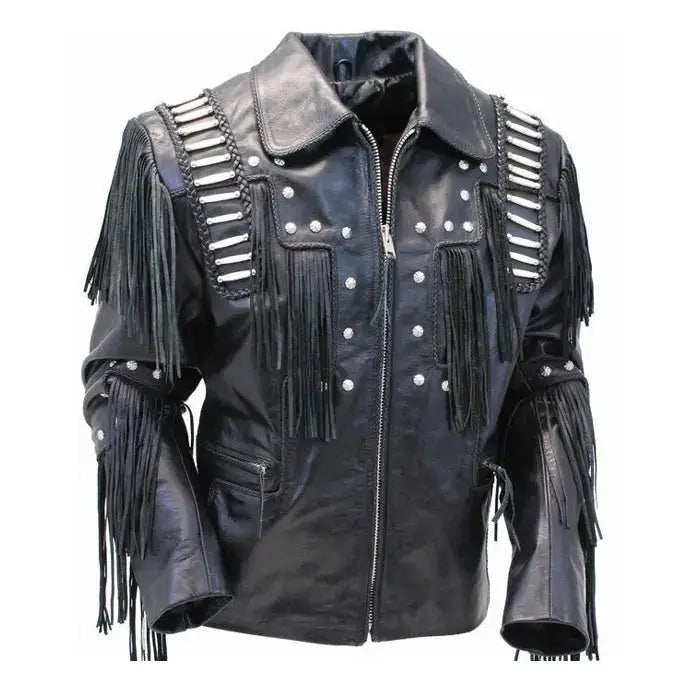 Men’s Black Cowhide Leather Jacket with Cowboy Fringes & Beads