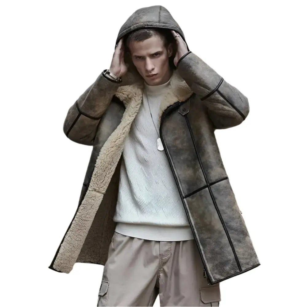 Mens Brown Hooded Shearling Bomber Jacket