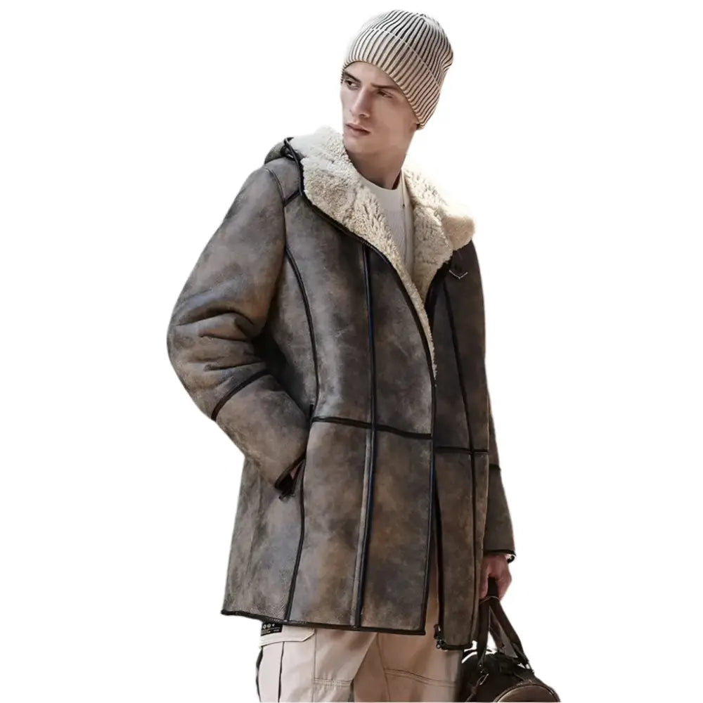Mens Brown Hooded Shearling Bomber Jacket
