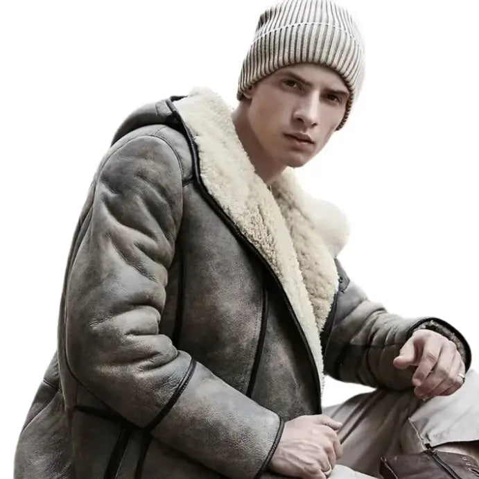 Mens Brown Hooded Shearling Bomber Jacket