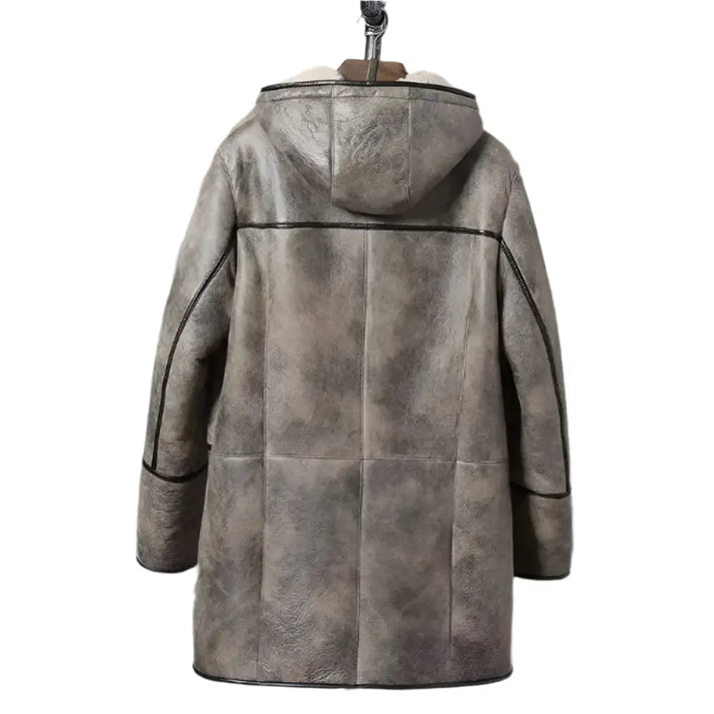Mens Brown Hooded Shearling Bomber Jacket