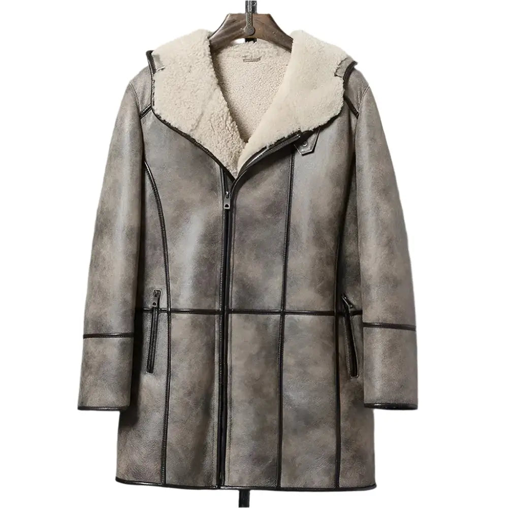 Mens Brown Hooded Shearling Bomber Jacket