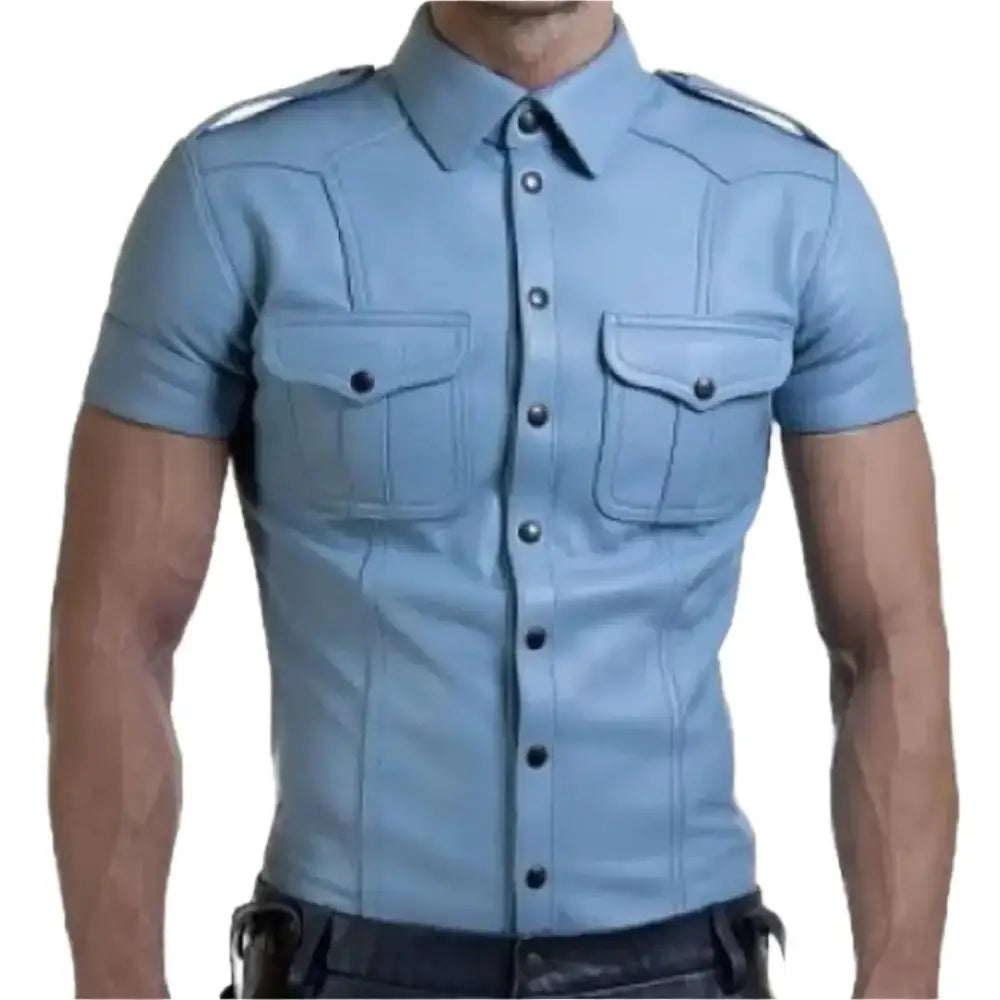 Men's Blue Genuine Leather Shirt