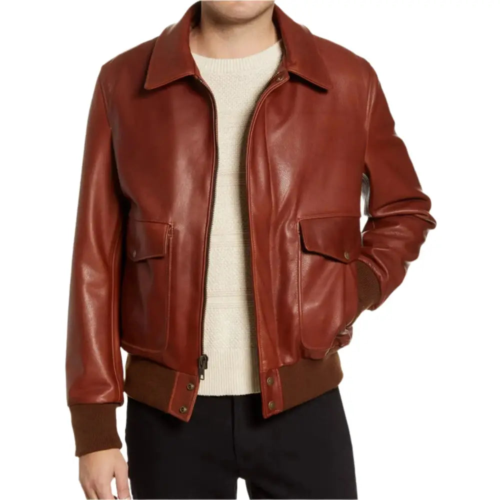 Mens Pebble Texture Leather Bomber Jacket