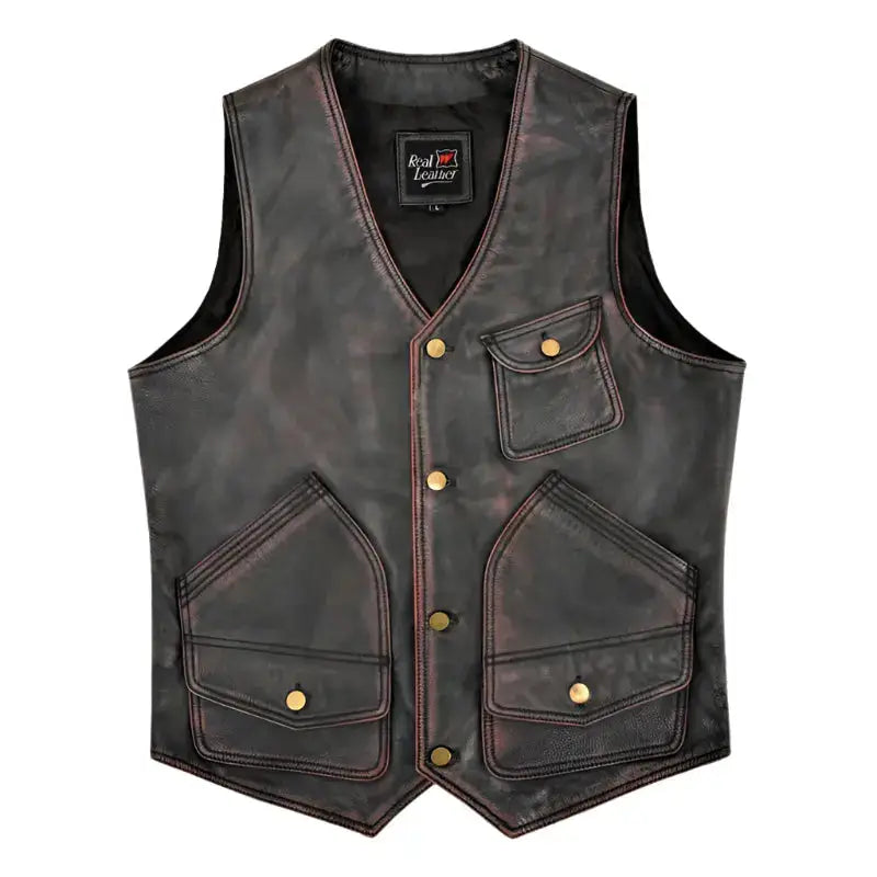Men's Vintage Black and Red Waxed Leather Vest