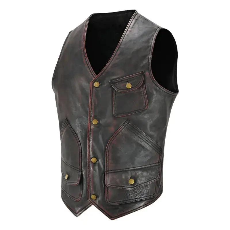 Men's Vintage Black and Red Waxed Leather Vest