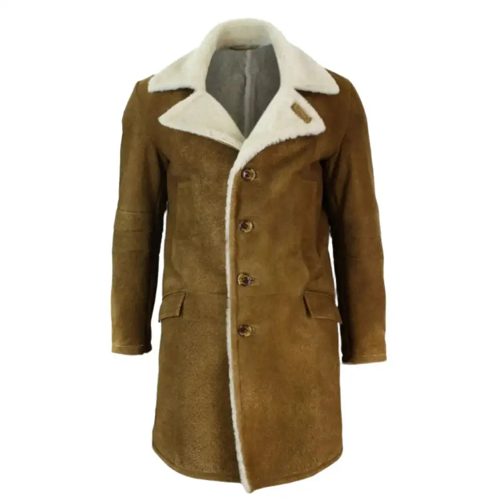 Men’s Vintage Tan Brown Shearling Sheepskin Overcoat