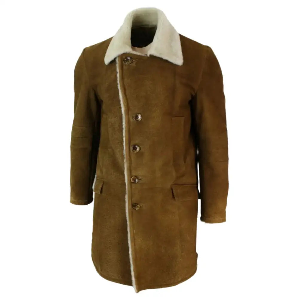 Men’s Vintage Tan Brown Shearling Sheepskin Overcoat