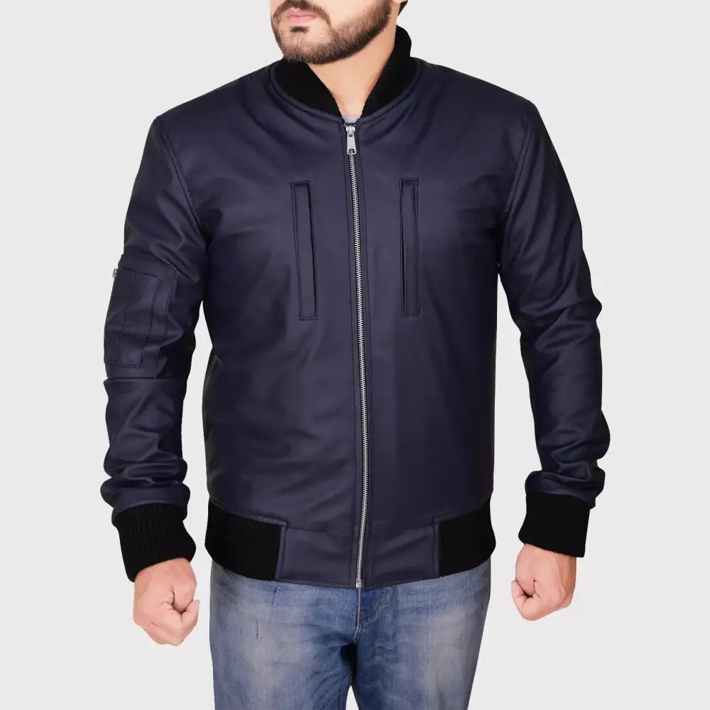 Men's Navy Blue Leather Varsity Jacket