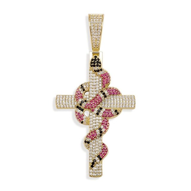 Snake Winding Cross Pendant Necklace Iced Out Cubic Zirconia Pendant Christmas Halloween Hip Hop Jewelry Gifts