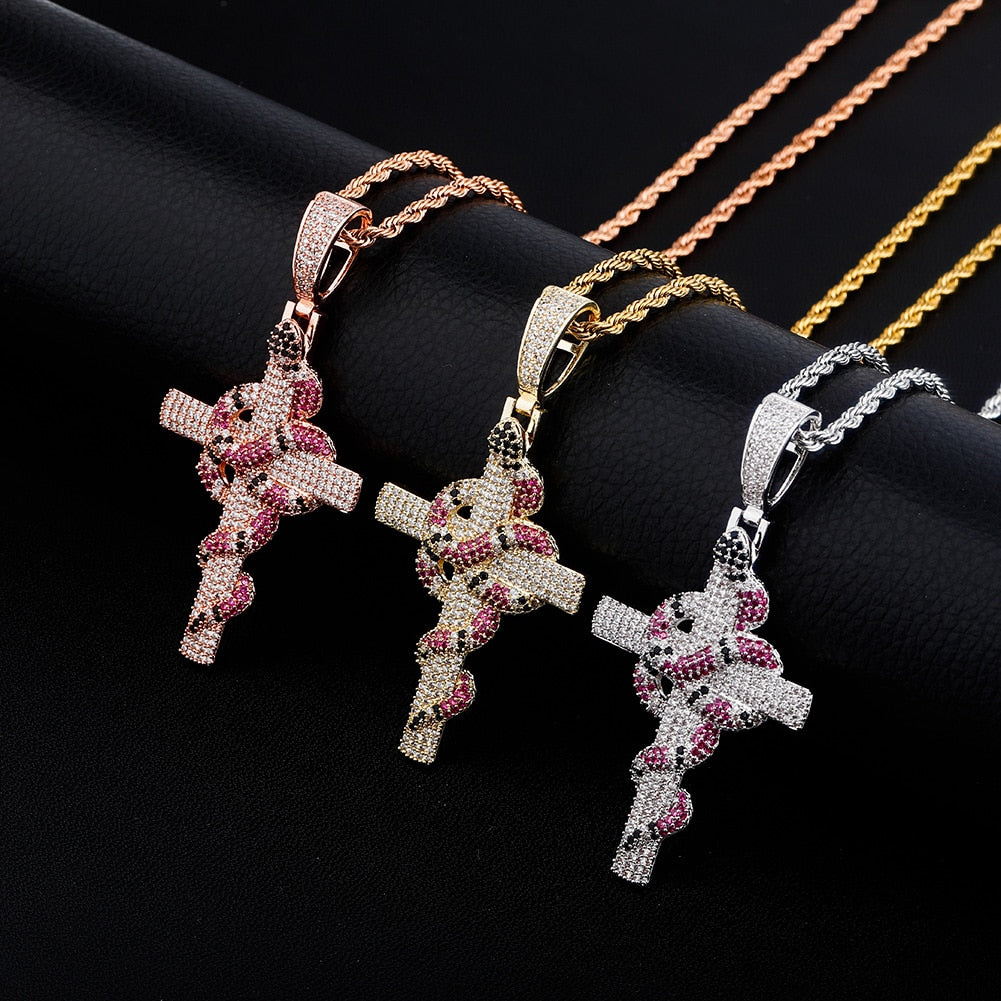 Snake Winding Cross Pendant Necklace Iced Out Cubic Zirconia Pendant Christmas Halloween Hip Hop Jewelry Gifts