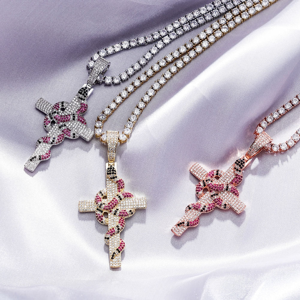Snake Winding Cross Pendant Necklace Iced Out Cubic Zirconia Pendant Christmas Halloween Hip Hop Jewelry Gifts