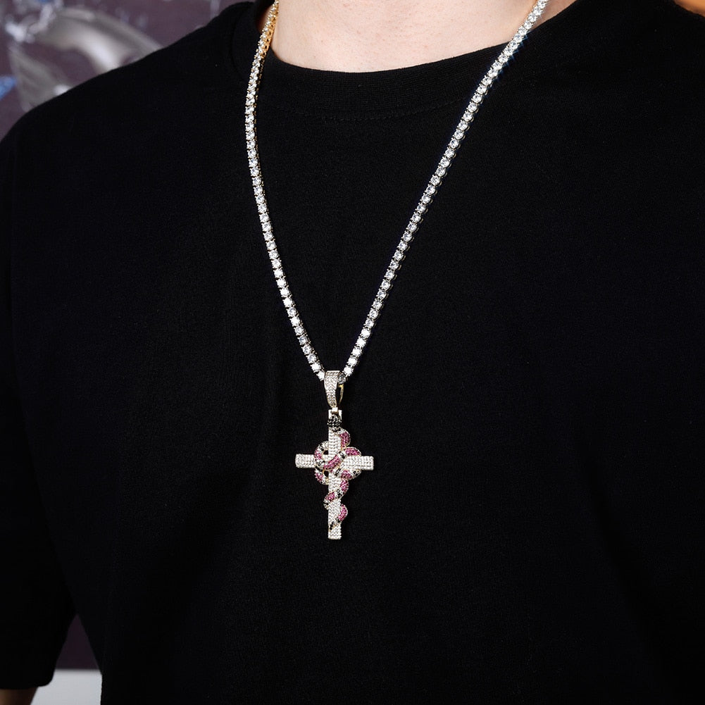 Snake Winding Cross Pendant Necklace Iced Out Cubic Zirconia Pendant Christmas Halloween Hip Hop Jewelry Gifts