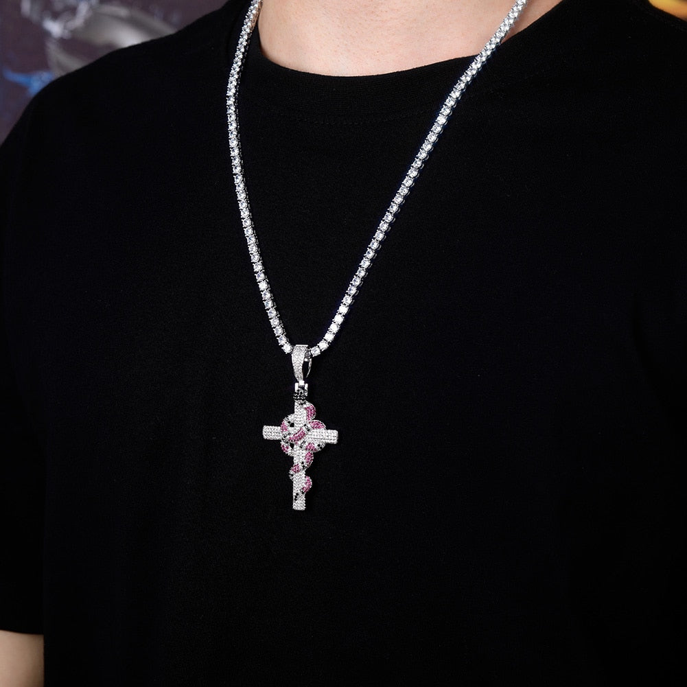 Snake Winding Cross Pendant Necklace Iced Out Cubic Zirconia Pendant Christmas Halloween Hip Hop Jewelry Gifts