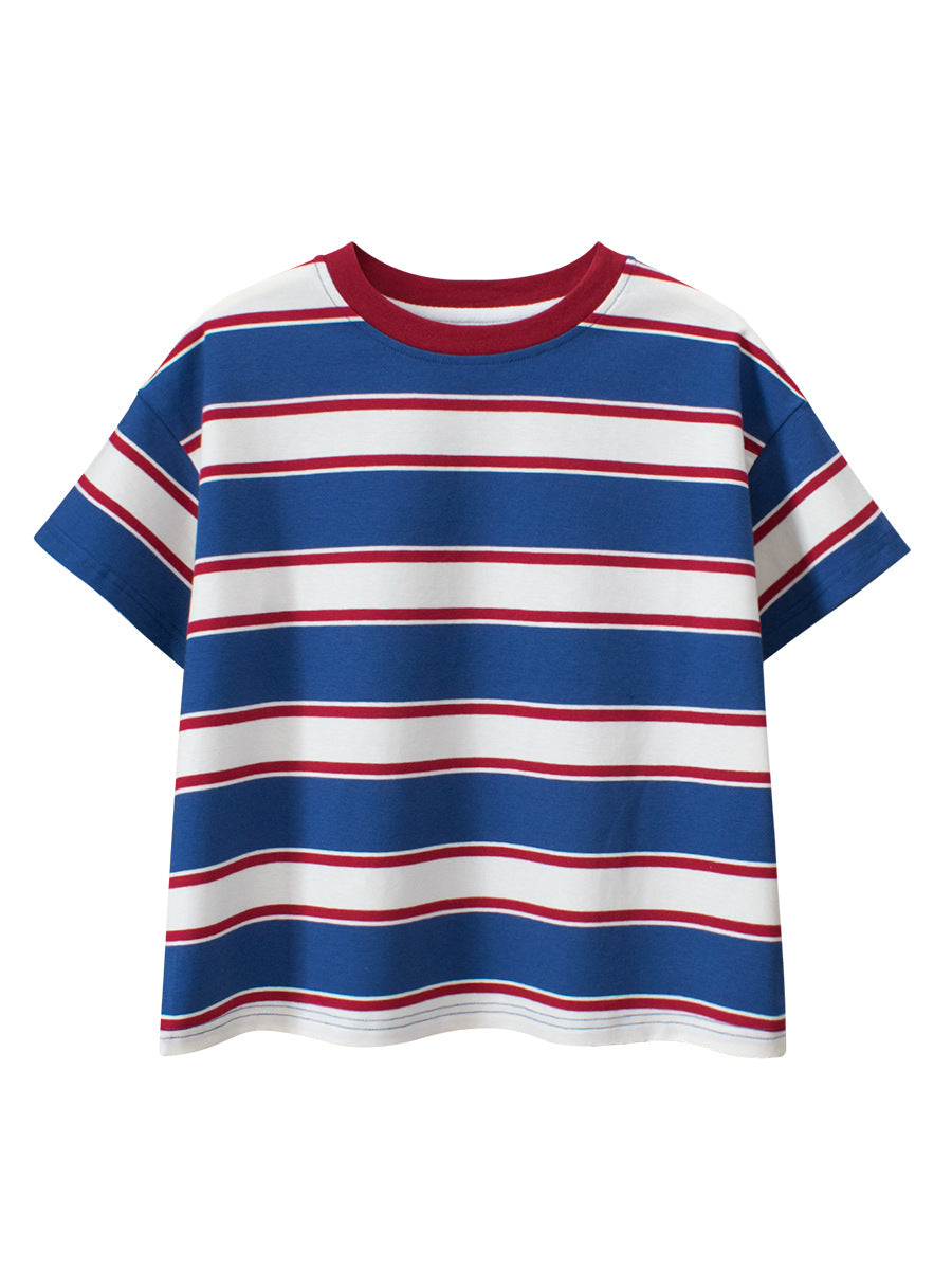 Summer Arrival Children Boys And Girls’ Vintage Striped Loose Short Sleeves T-Shirt In European And American Style For Summer