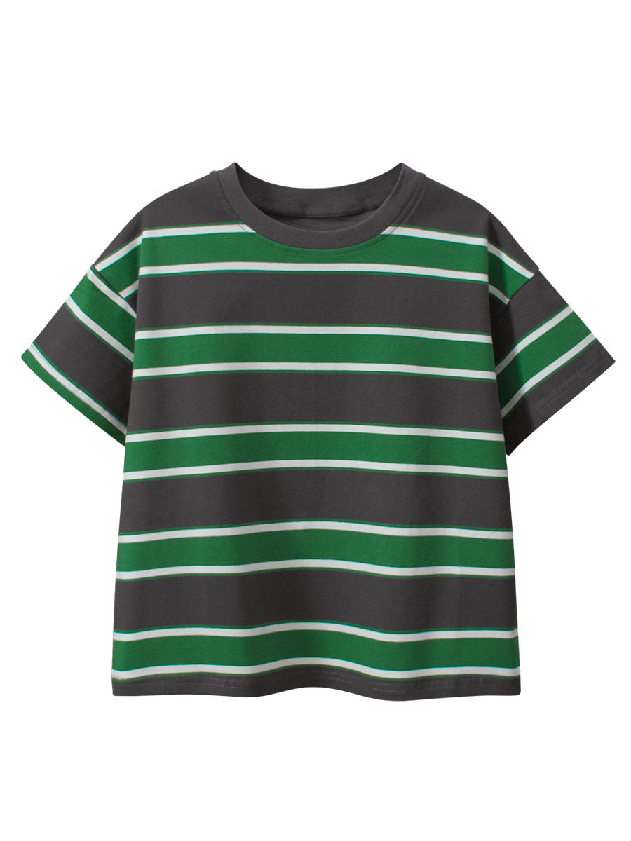 Summer Arrival Children Boys And Girls’ Vintage Striped Loose Short Sleeves T-Shirt In European And American Style For Summer