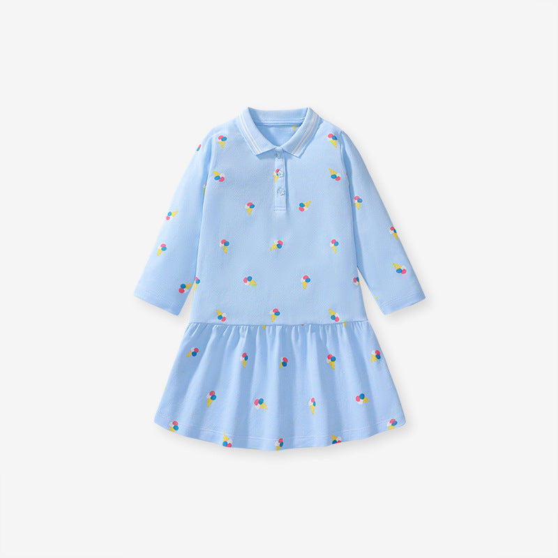 Arrival Autumn Girls Long Sleeves Cartoon Style Pattern Turn-Down Collar Long Sleeves Polo Design Dress