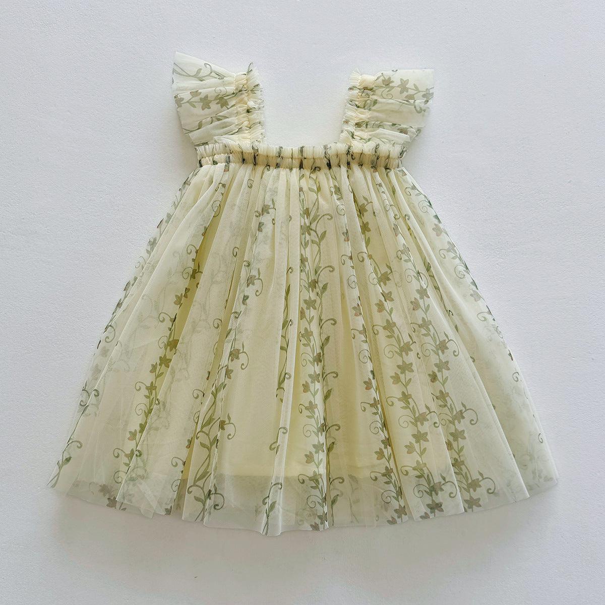 Summer Arrival Floral Pattern Fly Sleeves Tulle Dress for Stylish Girls