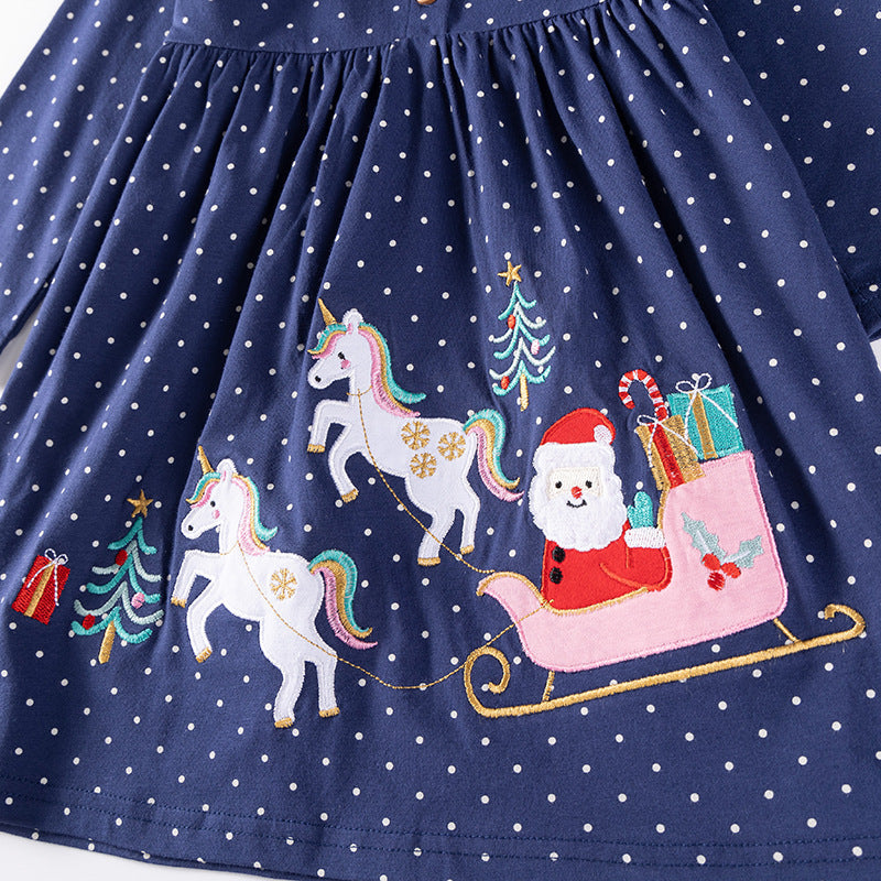 Autumn and Spring Arrival Christmas Cartoon and Dots Pattern Long Sleeves Crew Neck Dress for Stylish Girls