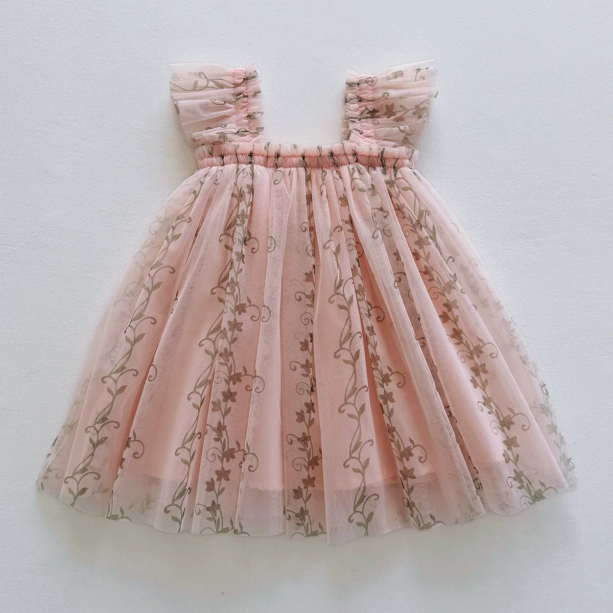 Summer Arrival Floral Pattern Fly Sleeves Tulle Dress for Stylish Girls