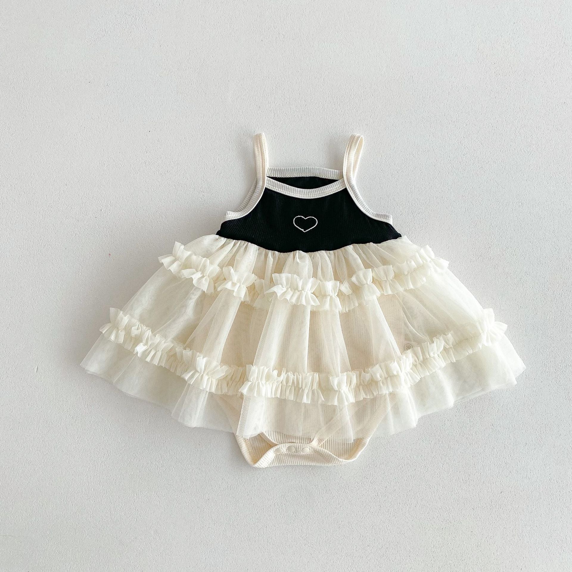 Summer Baby Girls Design Color Patchwork Heart Pattern Sleeveless Mesh Princess Strap Onesie Dress