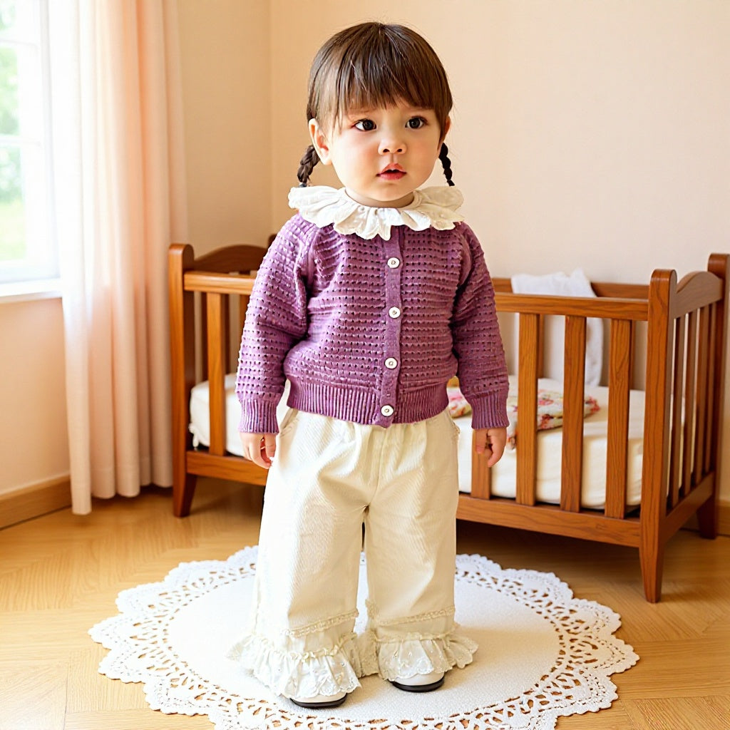 Spring and Autumn Baby Kids Solid Color Long Sleeves Cardigan and Flowers Pattern Pants