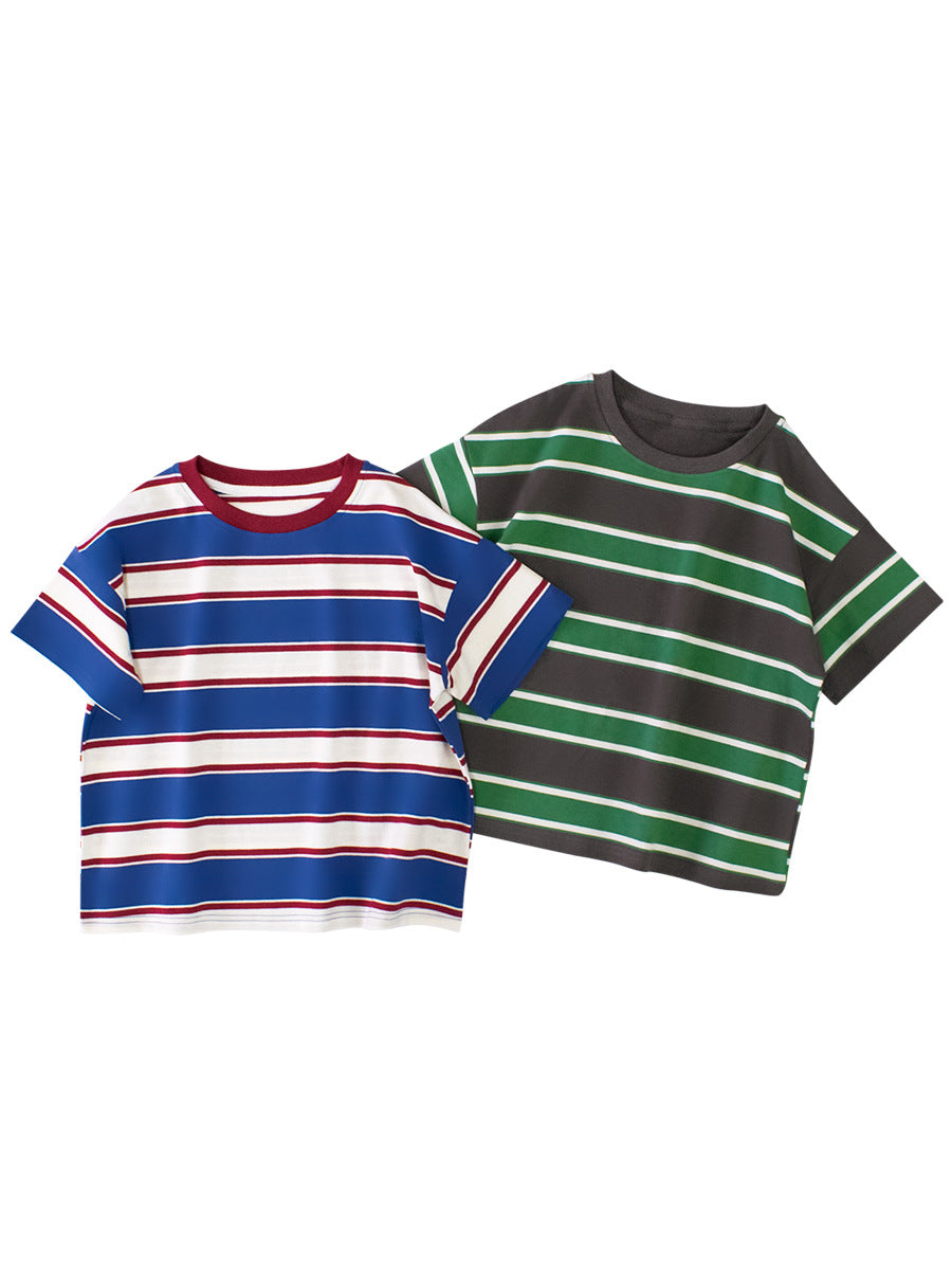 Summer Arrival Children Boys And Girls’ Vintage Striped Loose Short Sleeves T-Shirt In European And American Style For Summer