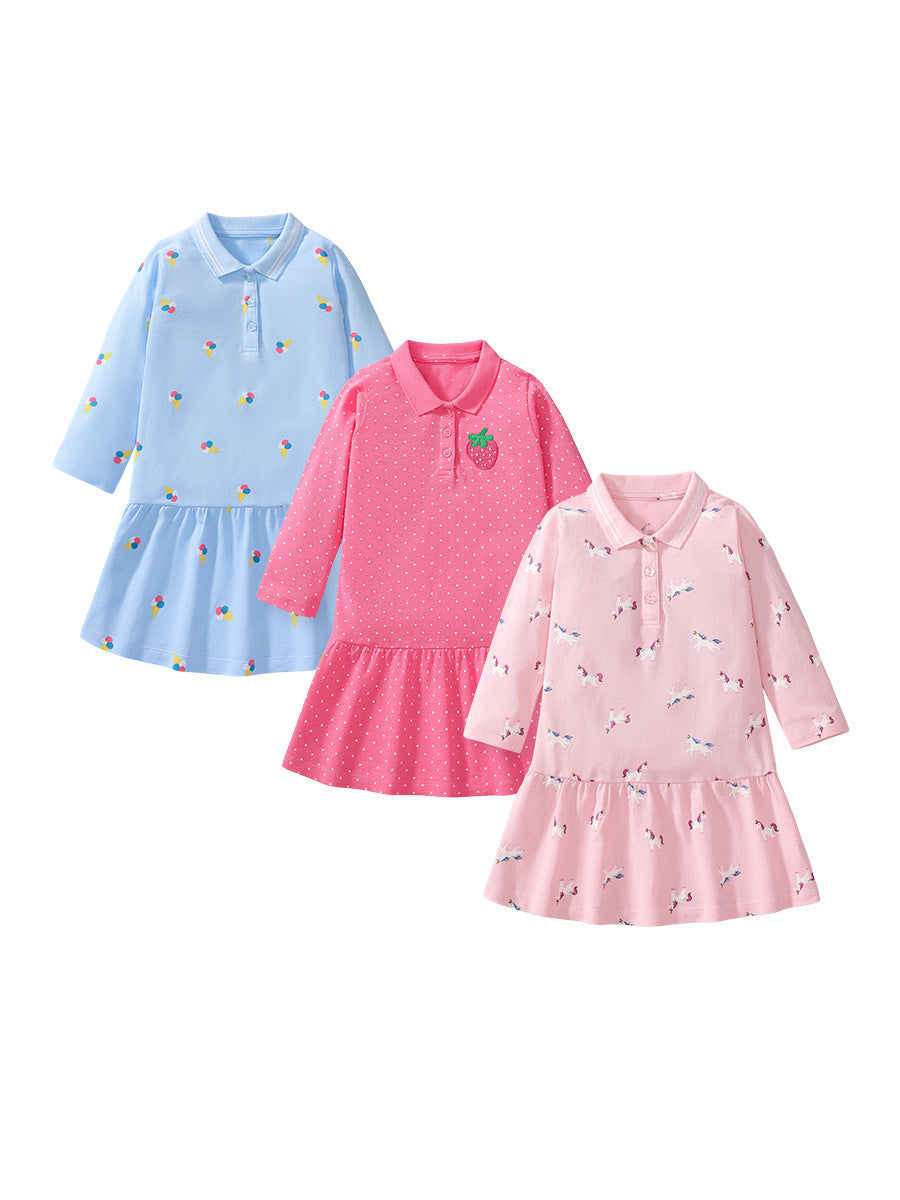 Arrival Autumn Girls Long Sleeves Cartoon Style Pattern Turn-Down Collar Long Sleeves Polo Design Dress