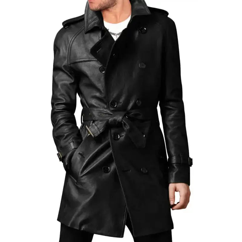 Men’s Vintage Black Leather Long Coat