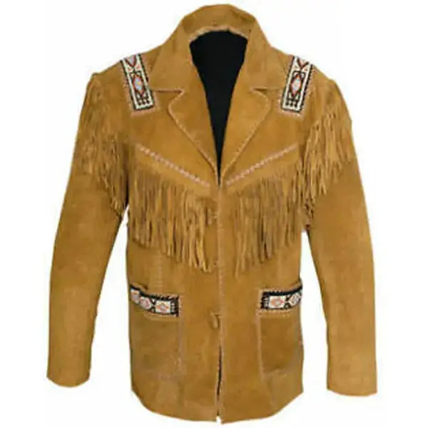 Men's Western Cowboy Suede Leather Coat with Fringe & Beads